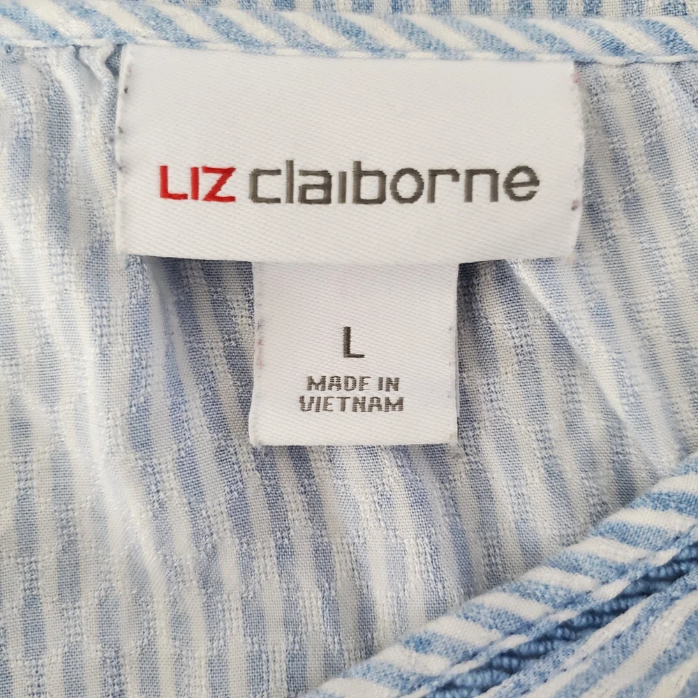 Liz Claiborne Womens Popover Top Size L Blue Stripe Nautical Coastal Beachy Boho
